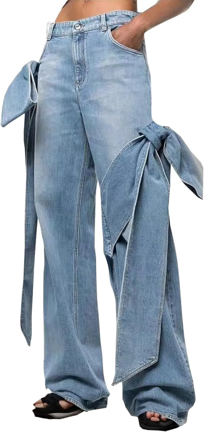HGps8w Women's Chic Huge Bow Tie Straight Leg Jeans High Waisted Stretchy Lightweight Denim Pants with Pockets