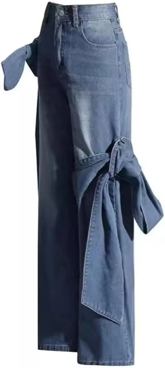 HGps8w Women's Chic Huge Bow Tie Straight Leg Jeans High Waisted Stretchy Lightweight Denim Pants with Pockets