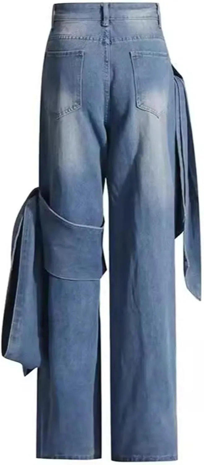 HGps8w Women's Chic Huge Bow Tie Straight Leg Jeans High Waisted Stretchy Lightweight Denim Pants with Pockets