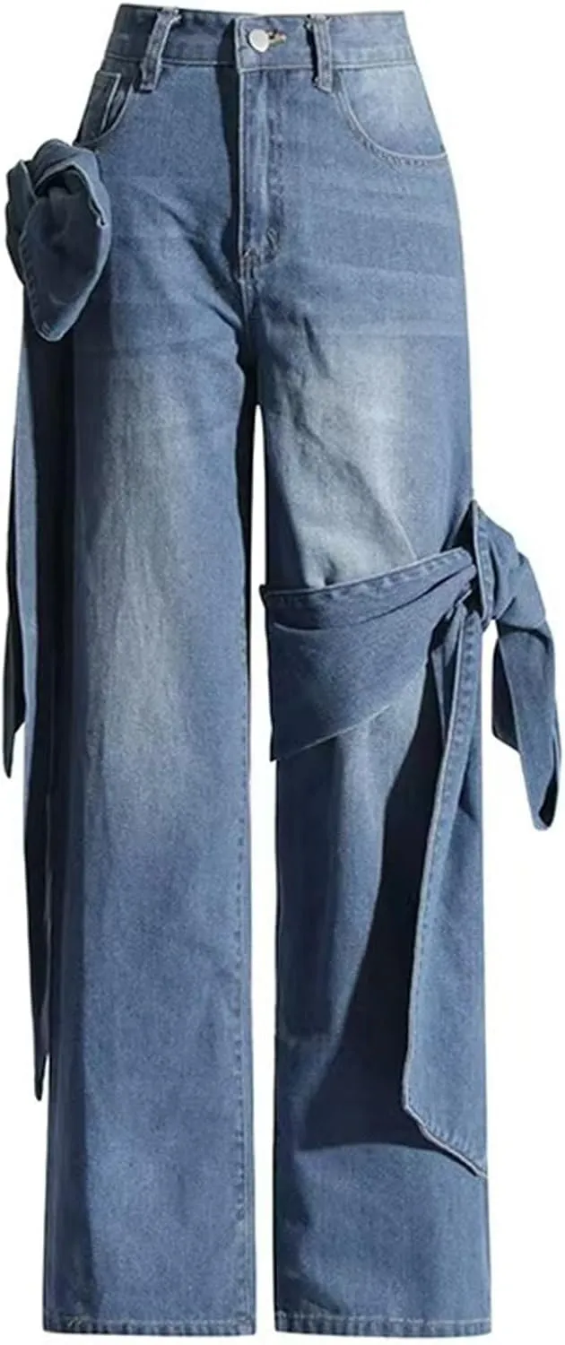 HGps8w Women's Chic Huge Bow Tie Straight Leg Jeans High Waisted Stretchy Lightweight Denim Pants with Pockets