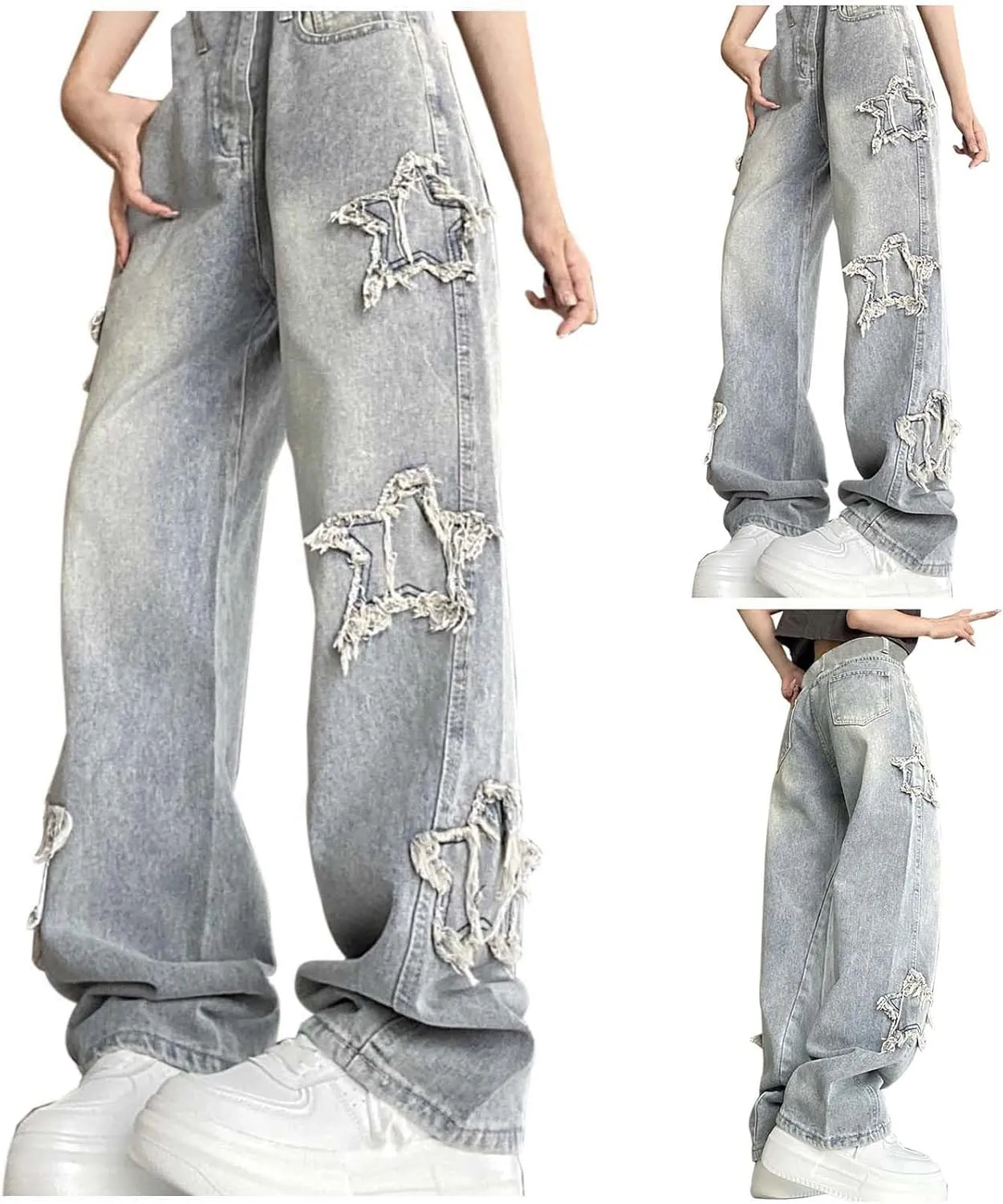 High Waisted Vintage Star Jeans for Women Chic Embroidered Straight Leg to Wide Leg Slim Fit Denim Stretch Plus