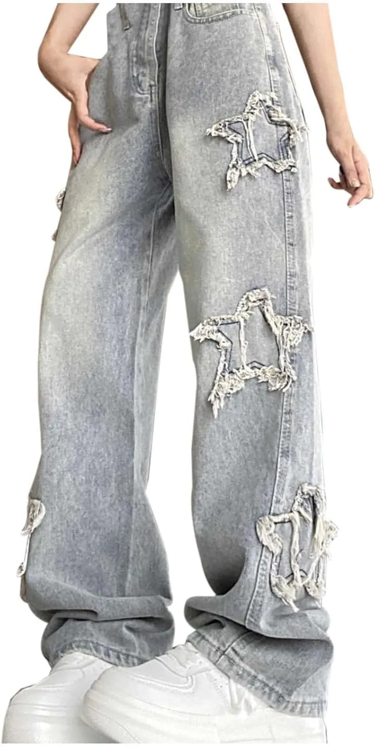 High Waisted Vintage Star Jeans for Women Chic Embroidered Straight Leg to Wide Leg Slim Fit Denim Stretch Plus