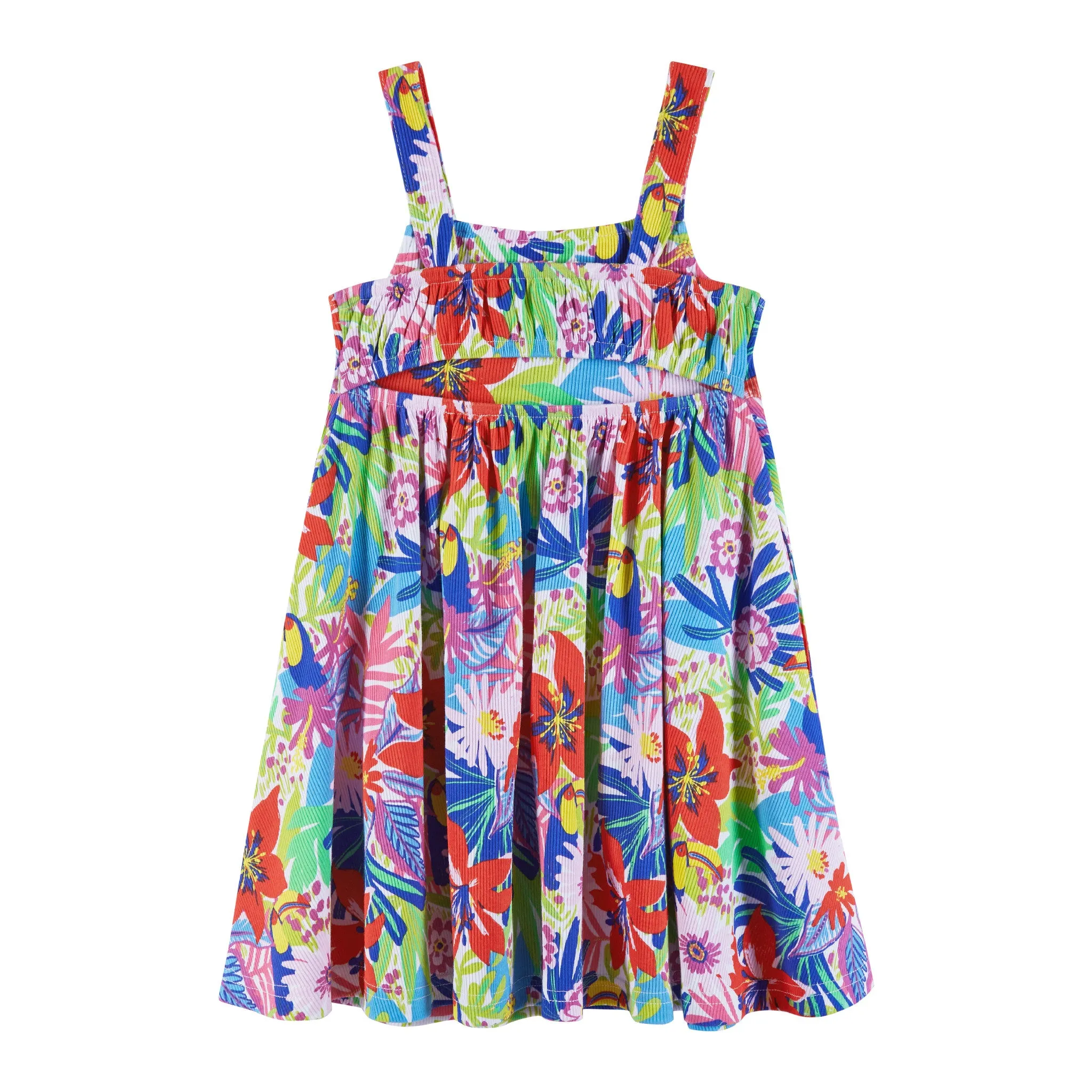 Kids (2-6x) Tropical Printed Rib Knit Dress W/ Back Cutout | Tropical