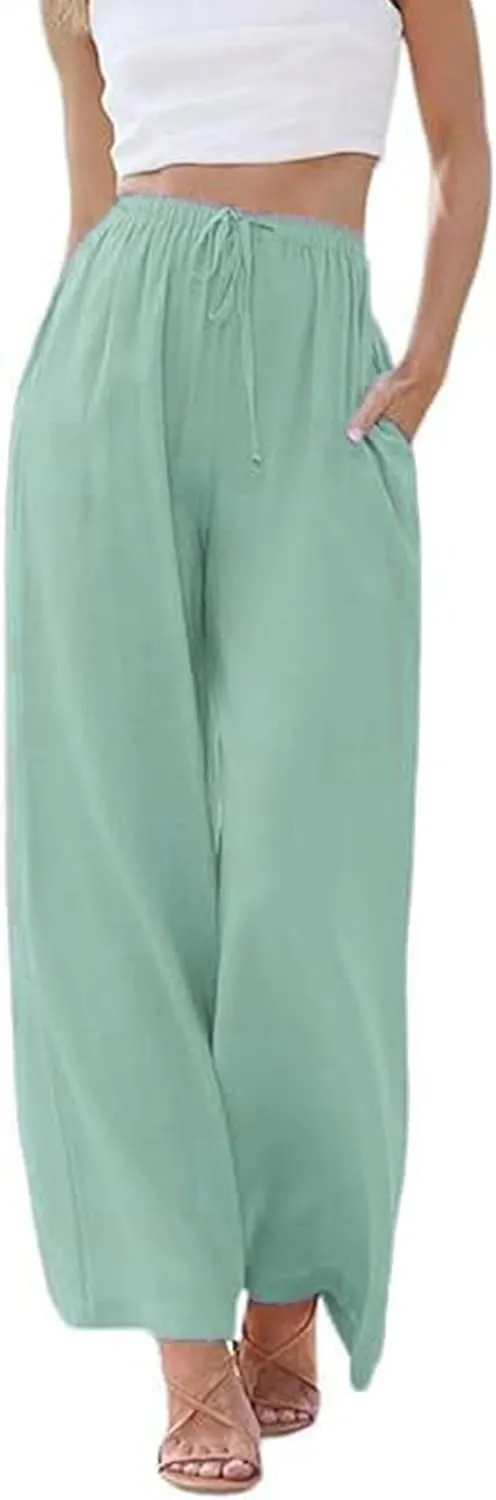 Kiench Women Linen Palazzo Pants Wide Leg Summer Casual Flowy Pants with Pockets