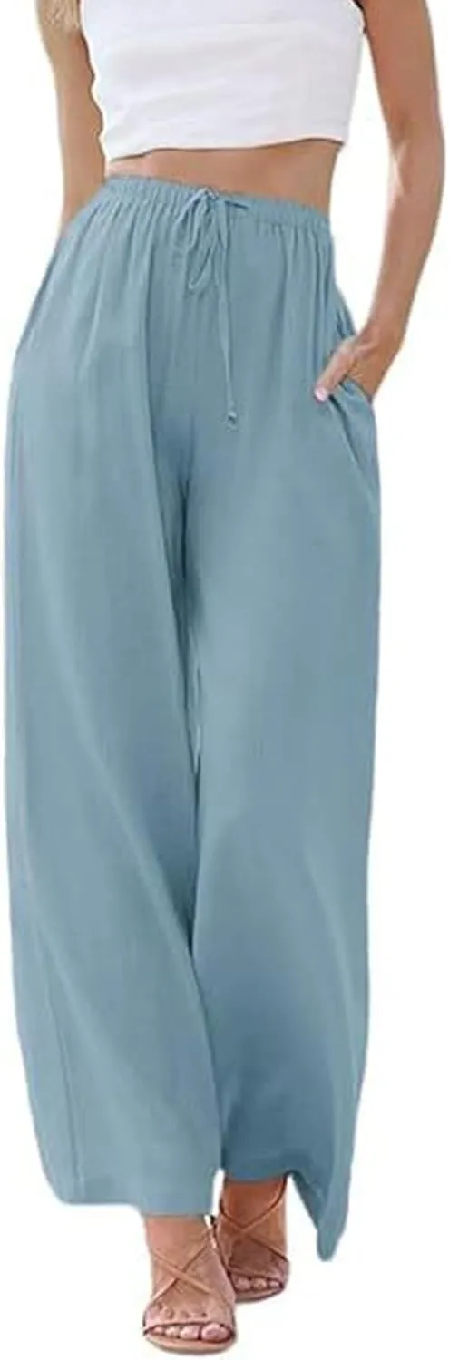 Kiench Women Linen Palazzo Pants Wide Leg Summer Casual Flowy Pants with Pockets