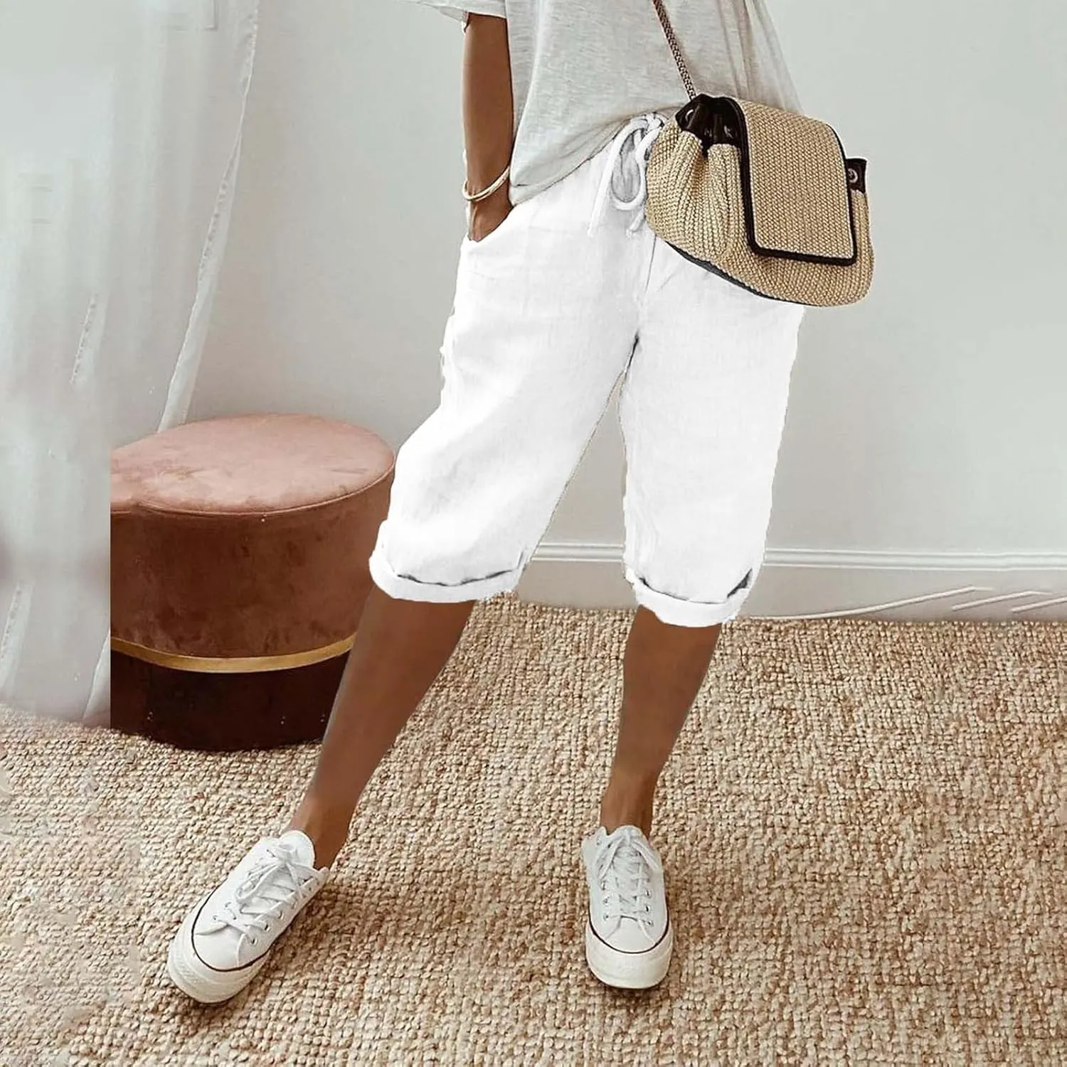 Linen Capri Pants for Women 2025 Ladies Loose Drawstring Casual Solid Color Petite Summer Beachwear Lightweight