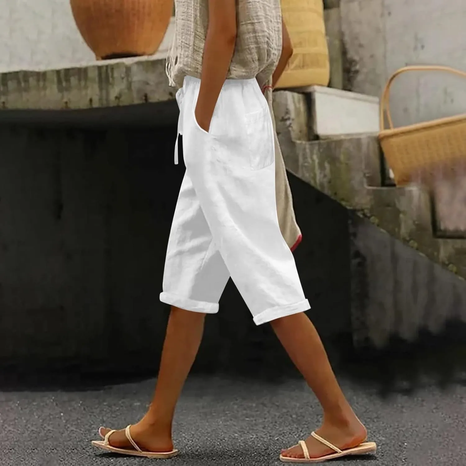 Linen Capri Pants for Women 2025 Ladies Loose Drawstring Casual Solid Color Petite Summer Beachwear Lightweight
