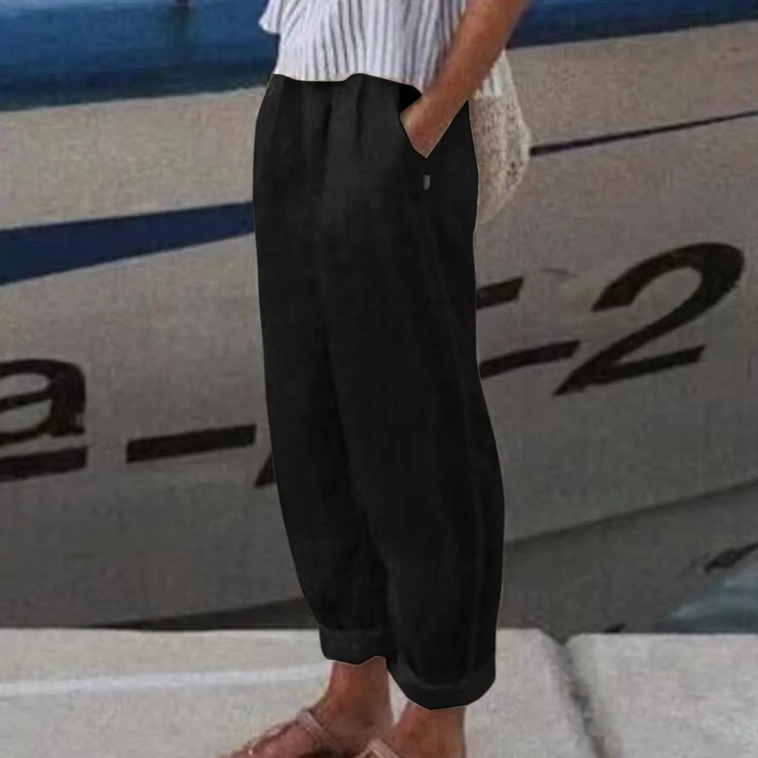 Linen Capri Pants Women Summer Sweatpants 2025 Trendy Striped Spring Summer Pants Casual Elastic Waist Comfy Trousers
