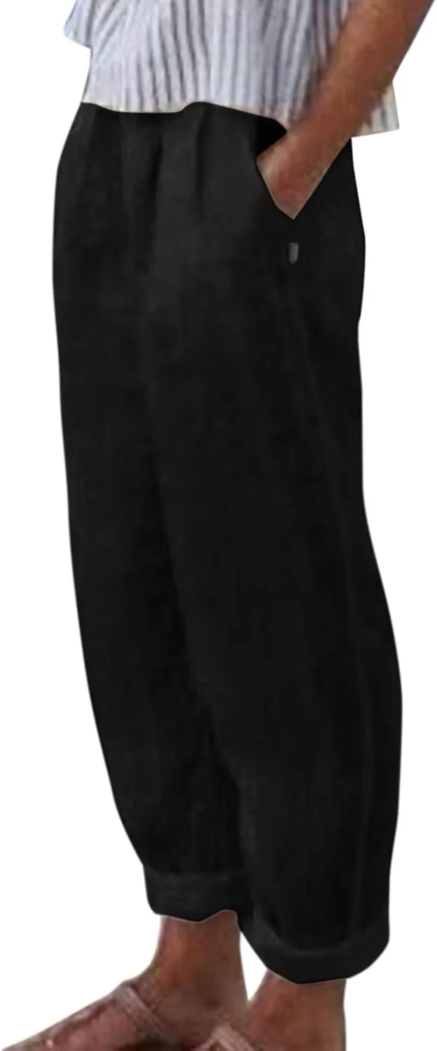 Linen Capri Pants Women Summer Sweatpants 2025 Trendy Striped Spring Summer Pants Casual Elastic Waist Comfy Trousers