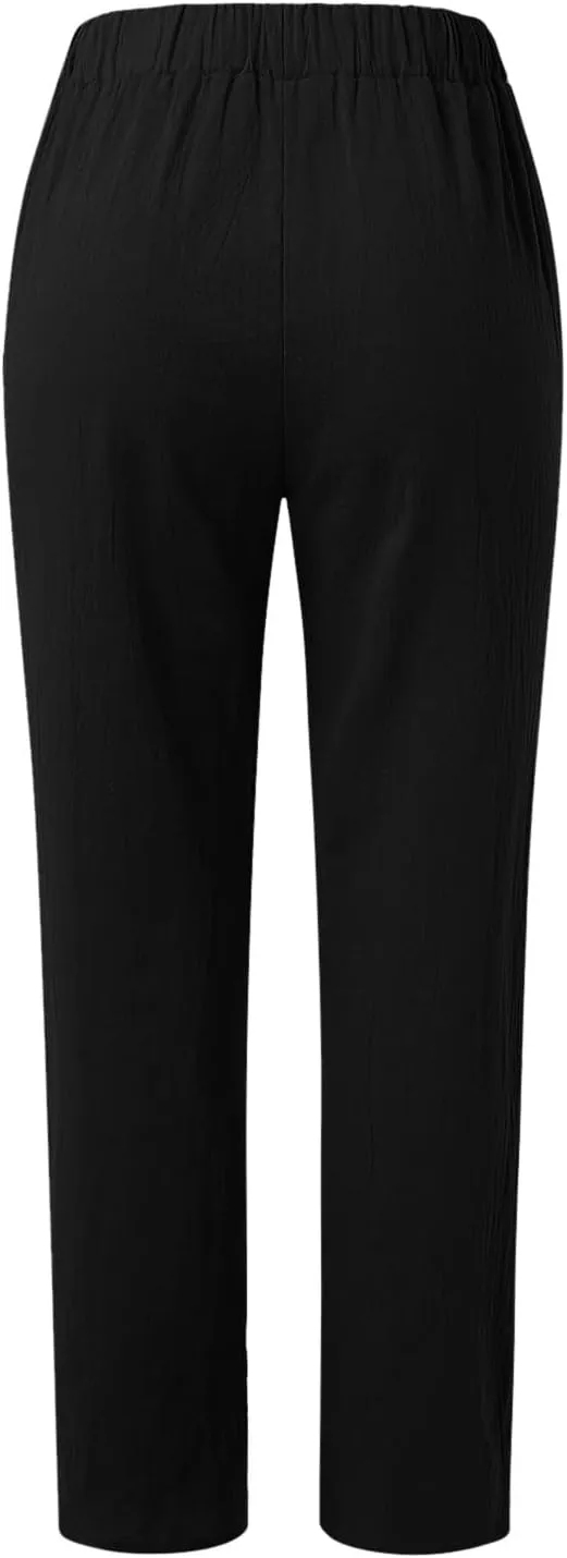 Linen Capri Pants Women Summer Sweatpants 2025 Trendy Striped Spring Summer Pants Casual Elastic Waist Comfy Trousers