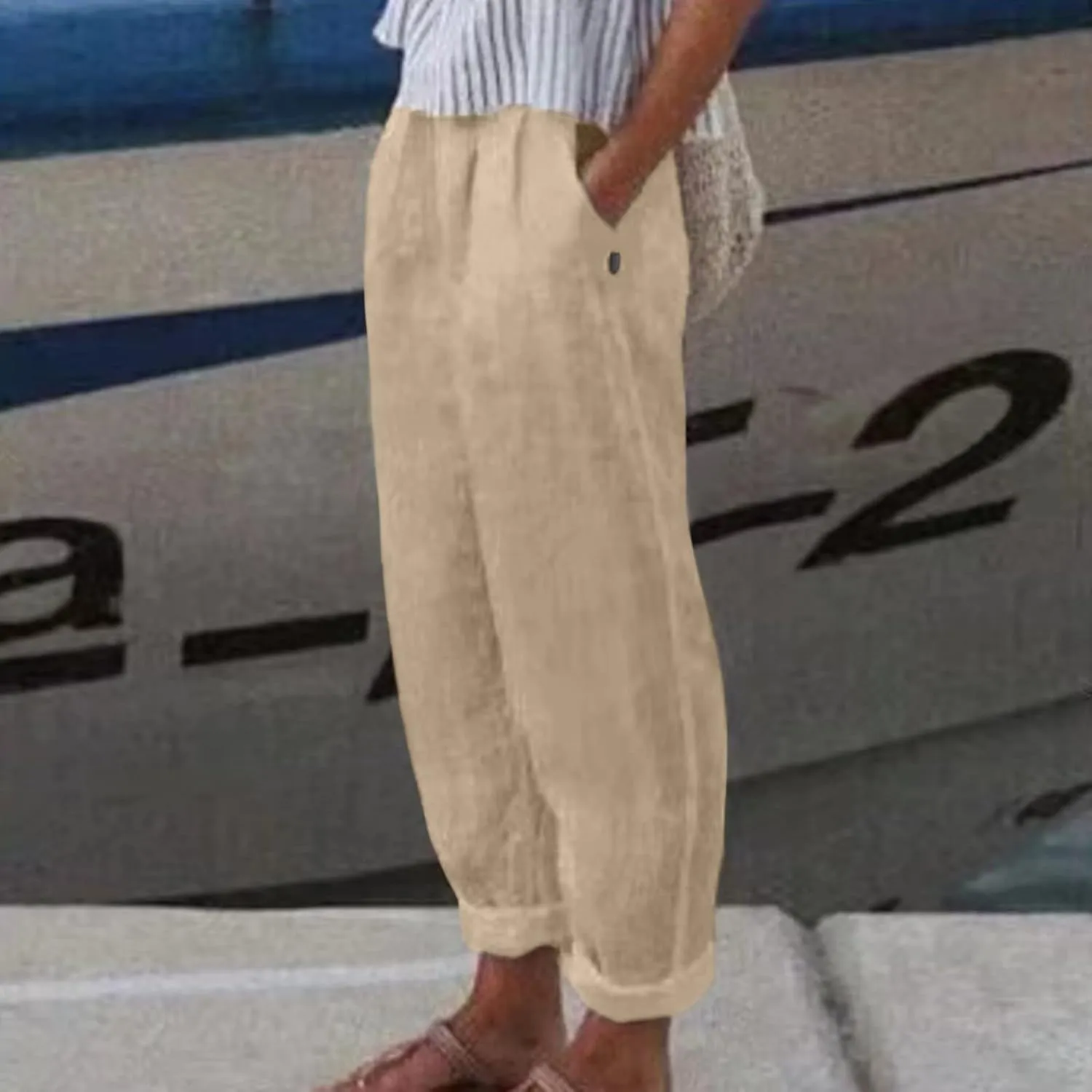 Linen Capri Pants Women Summer Sweatpants 2025 Trendy Striped Spring Summer Pants Casual Elastic Waist Comfy Trousers