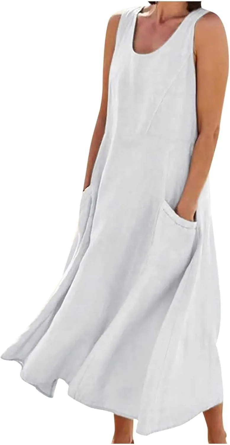 Linen Dress for Women Womens 2024 Summer Cotton Maxi Dresses Plus Size Sundress with Pockets Casual Tank Beach Dress