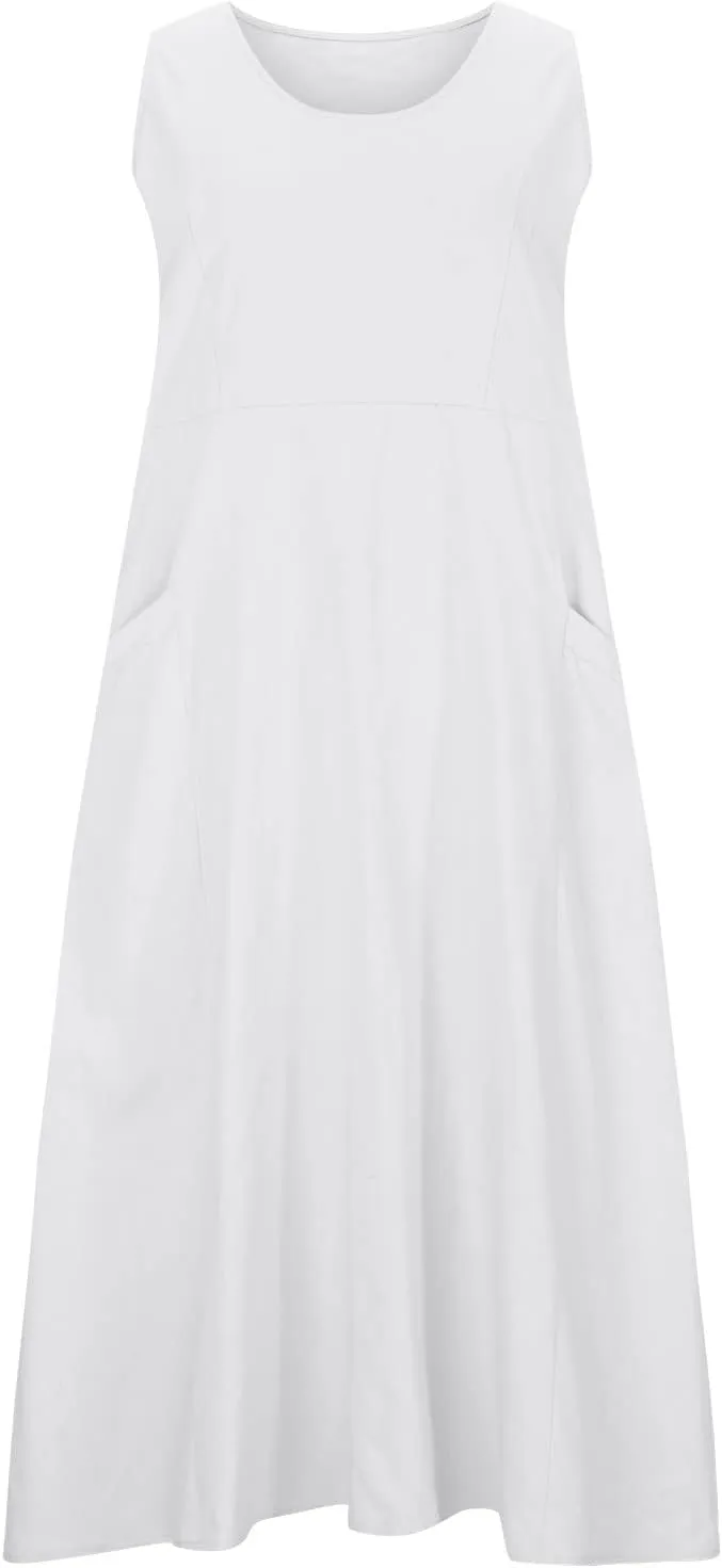 Linen Dress for Women Womens 2024 Summer Cotton Maxi Dresses Plus Size Sundress with Pockets Casual Tank Beach Dress