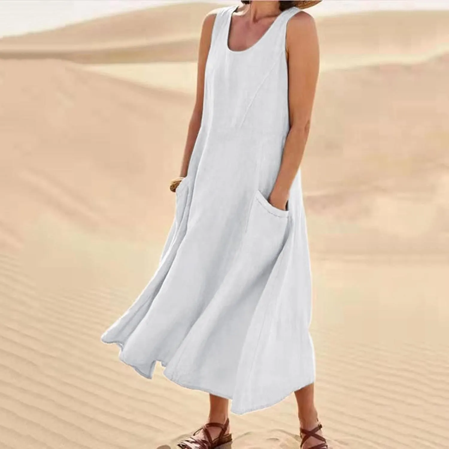 Linen Dress for Women Womens 2024 Summer Cotton Maxi Dresses Plus Size Sundress with Pockets Casual Tank Beach Dress