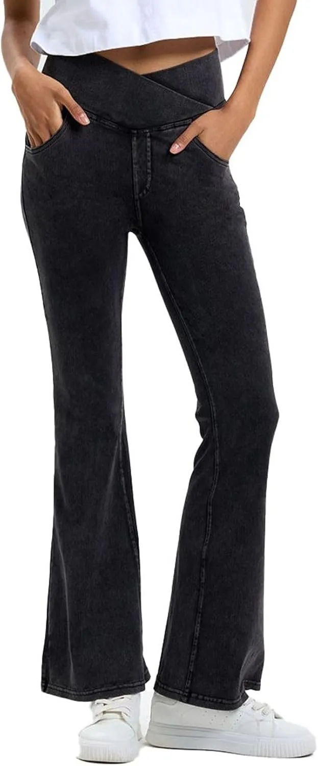 Lu's Chic Women's Yoga Jeans High Waisted Pants Denim Elastic Waist Hiking Workout Stretch Bootcut Denim Pant