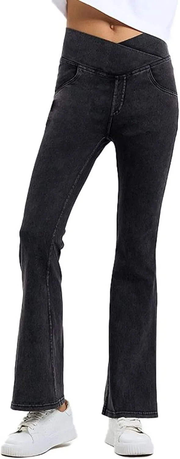 Lu's Chic Women's Yoga Jeans High Waisted Pants Denim Elastic Waist Hiking Workout Stretch Bootcut Denim Pant