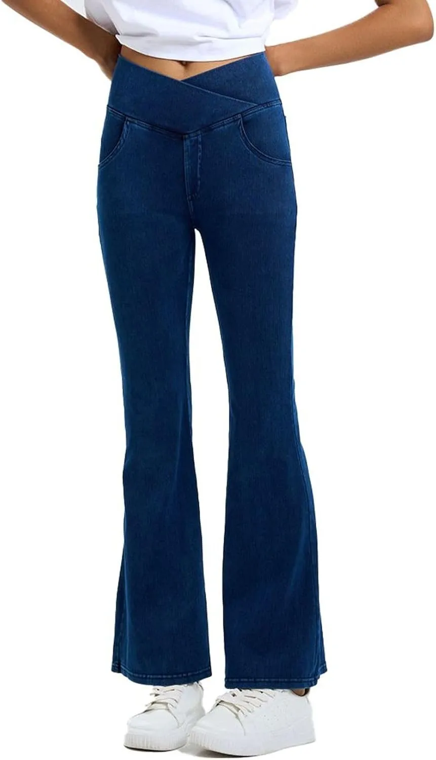 Lu's Chic Women's Yoga Jeans High Waisted Pants Denim Elastic Waist Hiking Workout Stretch Bootcut Denim Pant