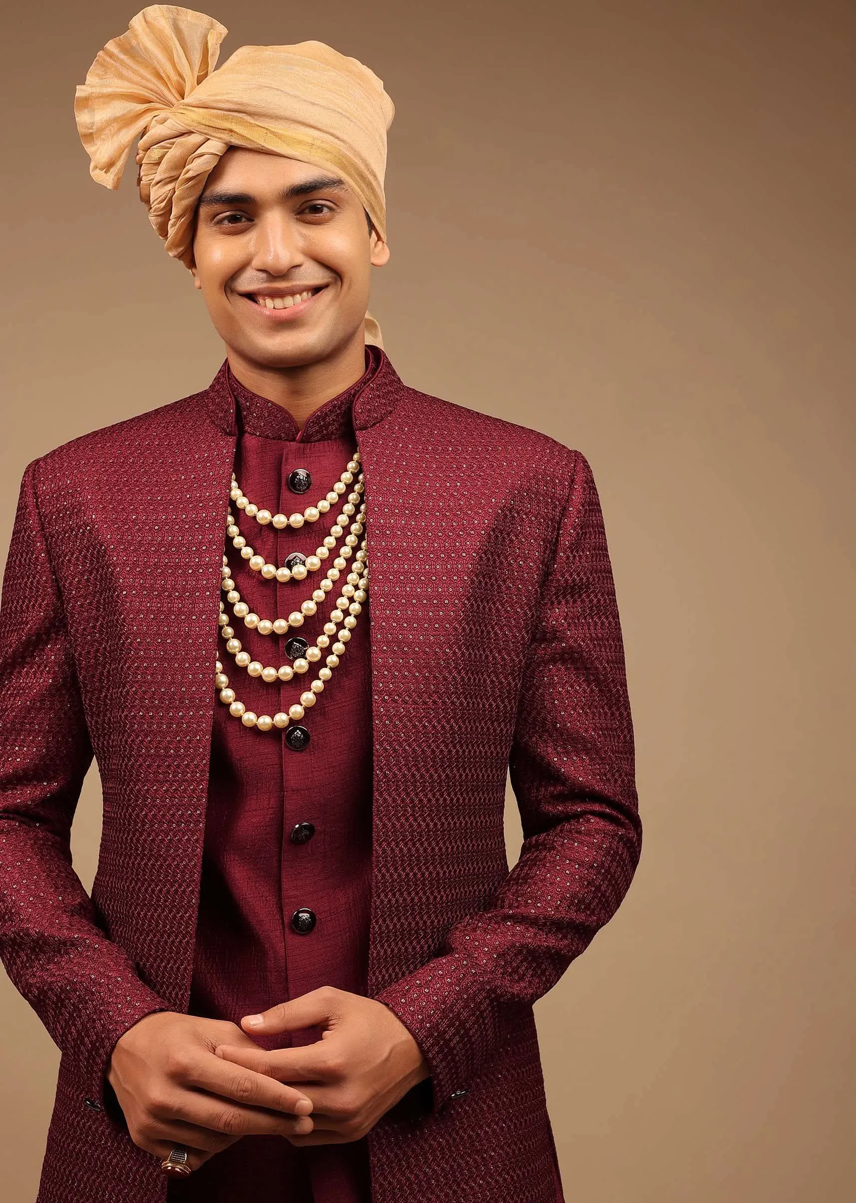 Maroon Raw Silk Sherwani With Golden Sequins