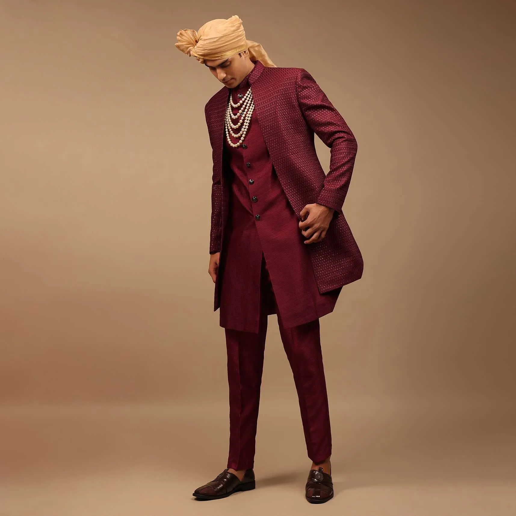 Maroon Raw Silk Sherwani With Golden Sequins