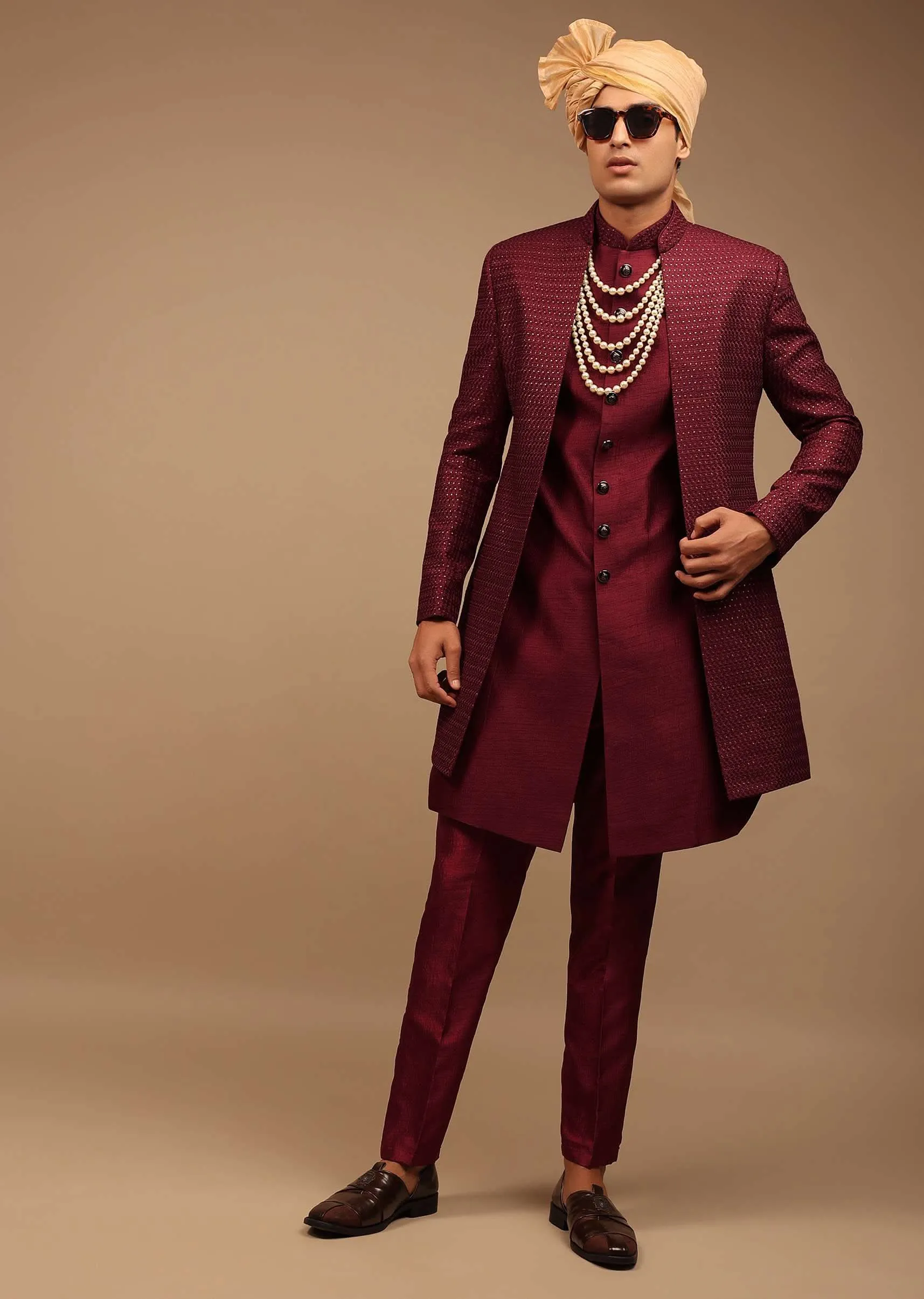 Maroon Raw Silk Sherwani With Golden Sequins