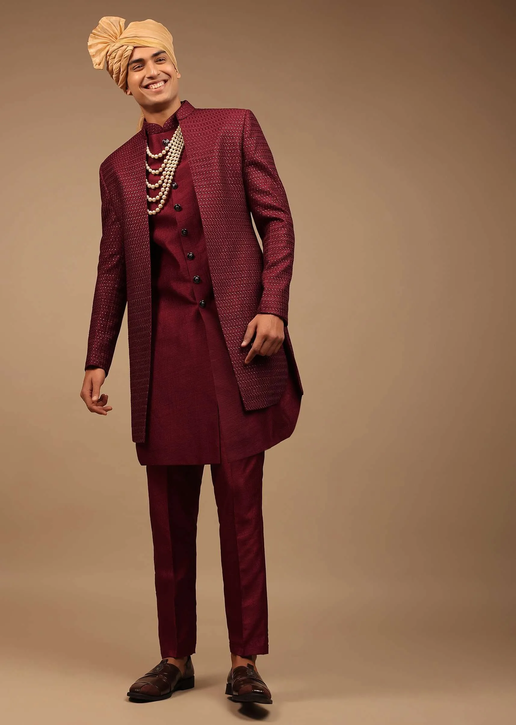 Maroon Raw Silk Sherwani With Golden Sequins