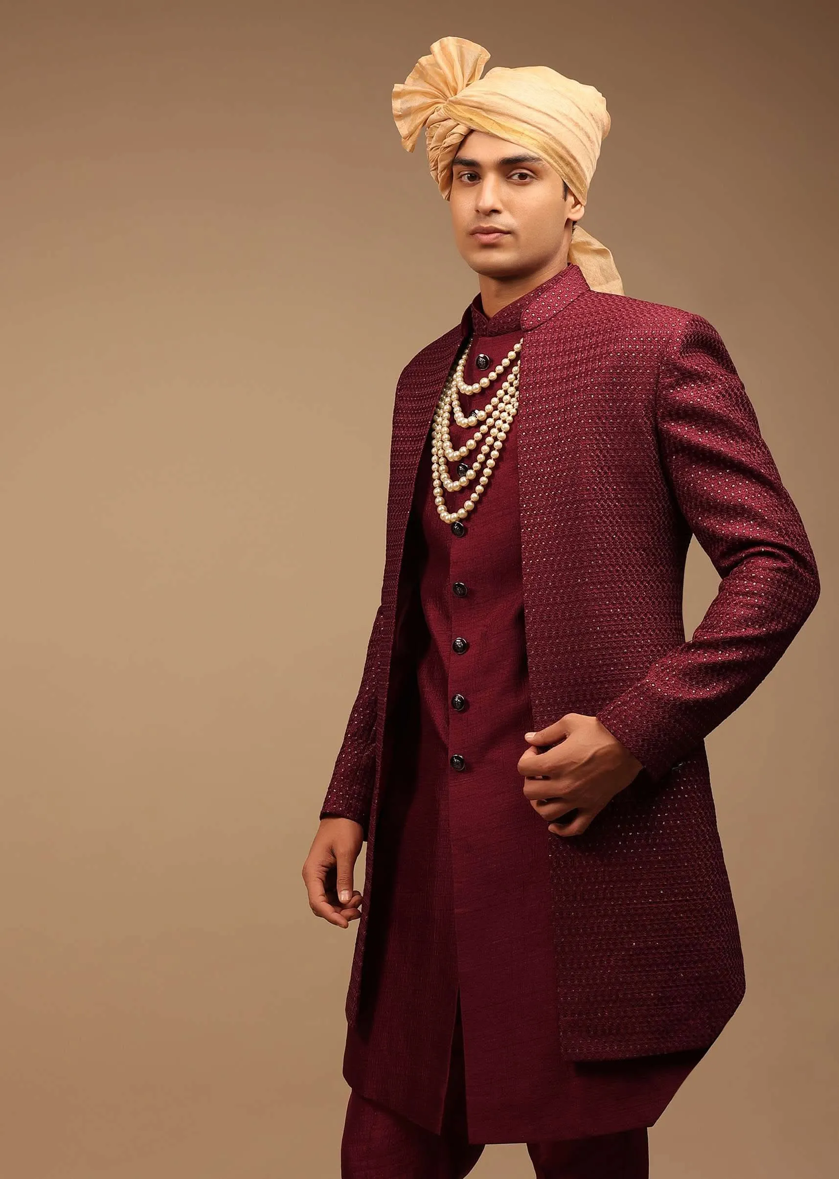 Maroon Raw Silk Sherwani With Golden Sequins