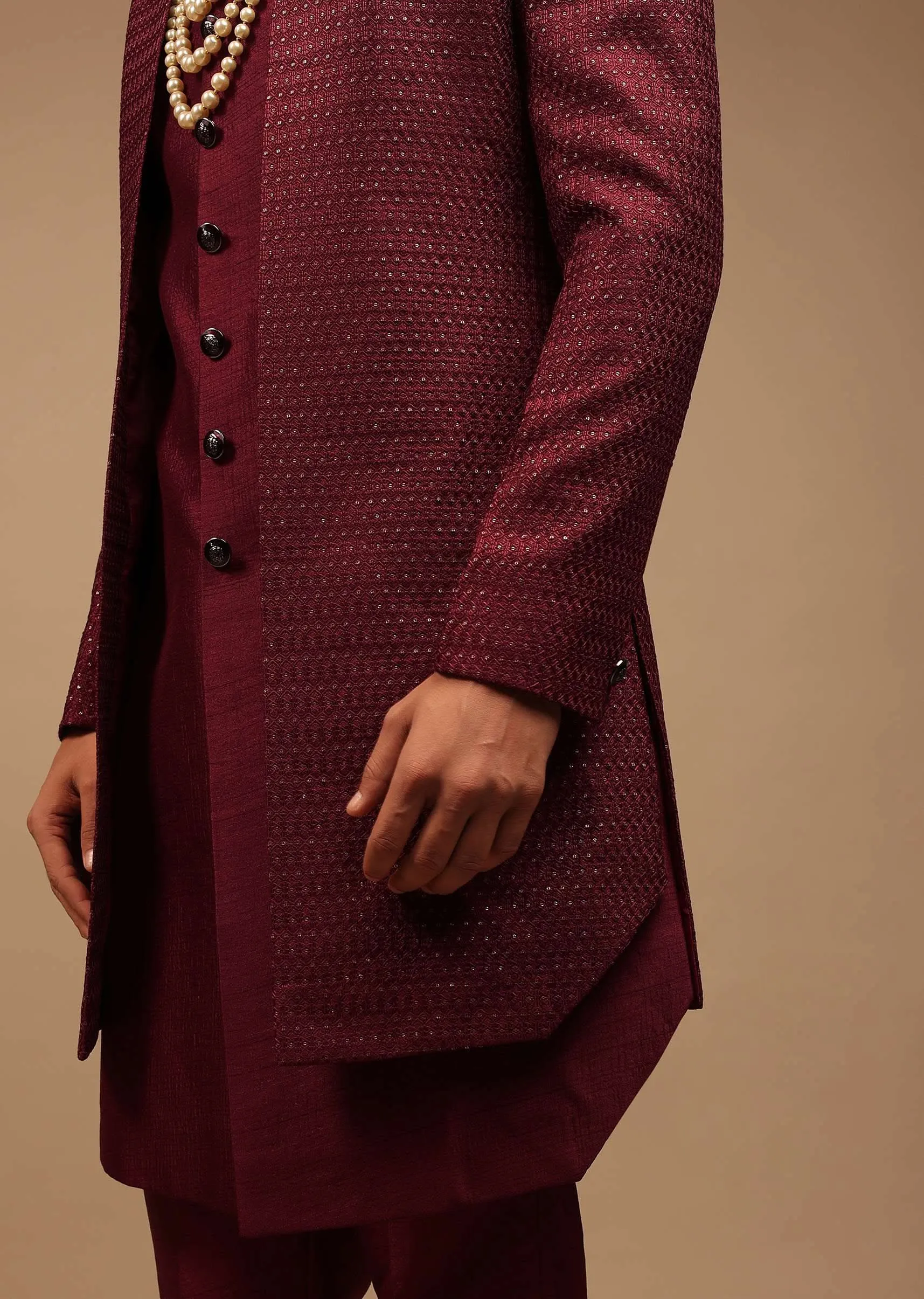 Maroon Raw Silk Sherwani With Golden Sequins