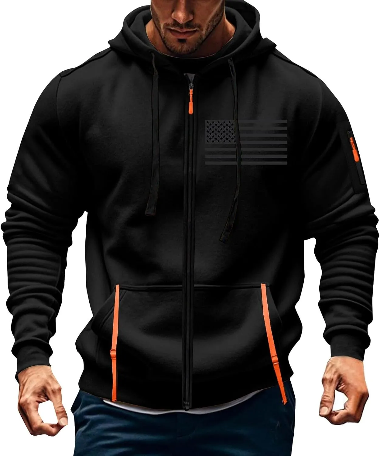 Mens Drawstring Fall Zip Hoodies Tactical Patriotic Long Sleeve Sweatshirt Outdoor Cargo Sweatshirt with Pockets