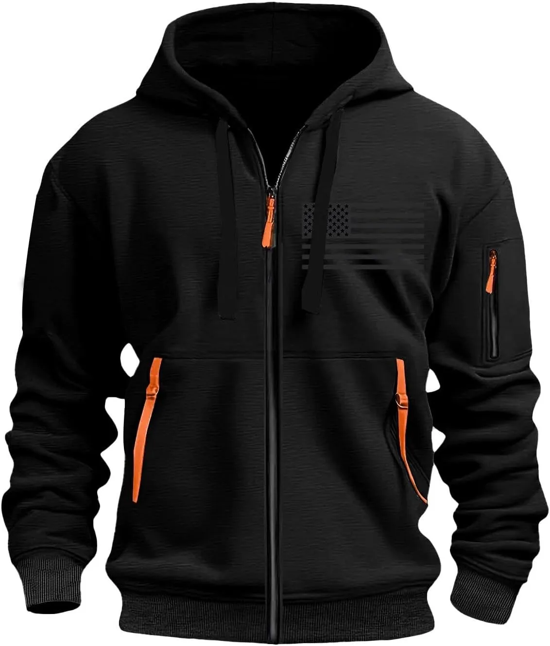 Mens Drawstring Fall Zip Hoodies Tactical Patriotic Long Sleeve Sweatshirt Outdoor Cargo Sweatshirt with Pockets