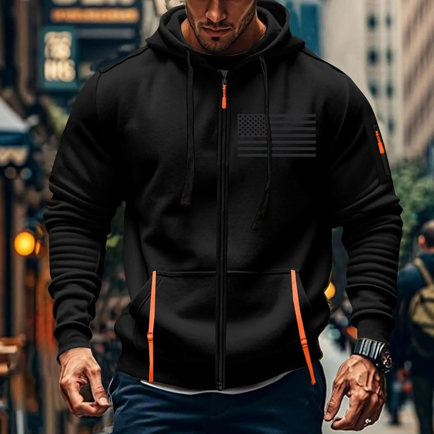 Mens Drawstring Fall Zip Hoodies Tactical Patriotic Long Sleeve Sweatshirt Outdoor Cargo Sweatshirt with Pockets