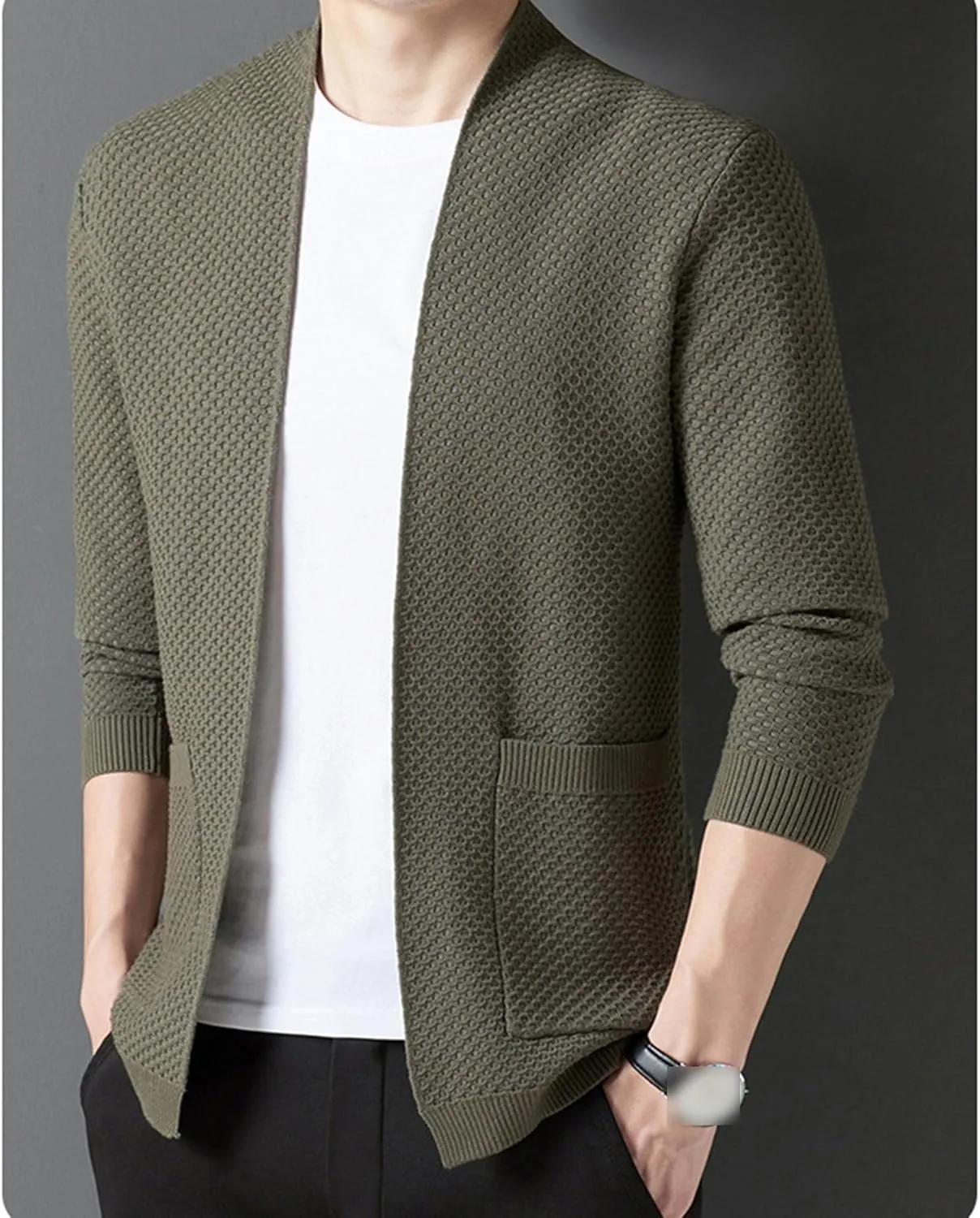 Men's V-Neck Stretchy Fleece Sweater Solid Color Casual Cardigan Coats Slim Soft Stylish Knitted Coats