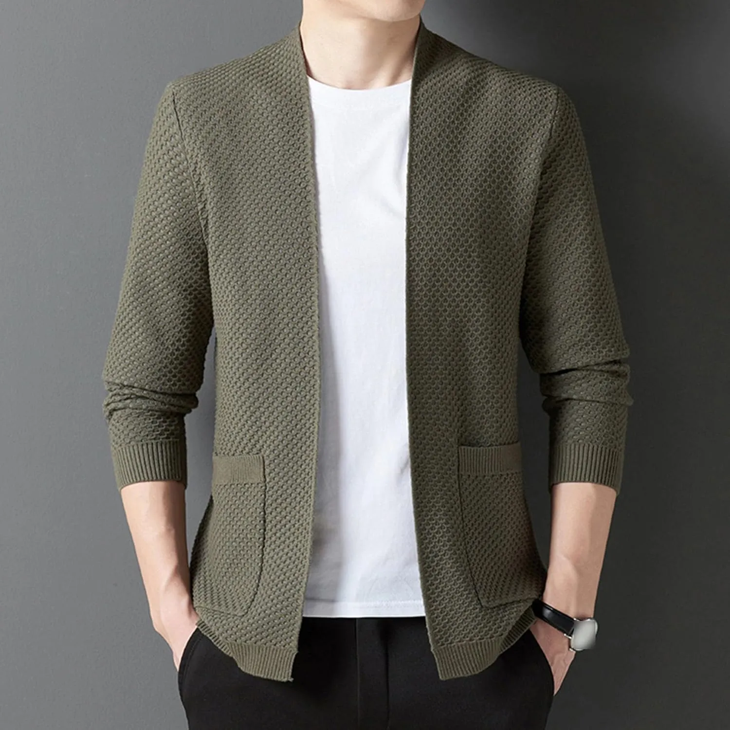 Men's V-Neck Stretchy Fleece Sweater Solid Color Casual Cardigan Coats Slim Soft Stylish Knitted Coats