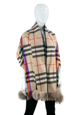 Mitchie's Matchings | Wide Woven Plaid Scarf with Fox Fur Poms