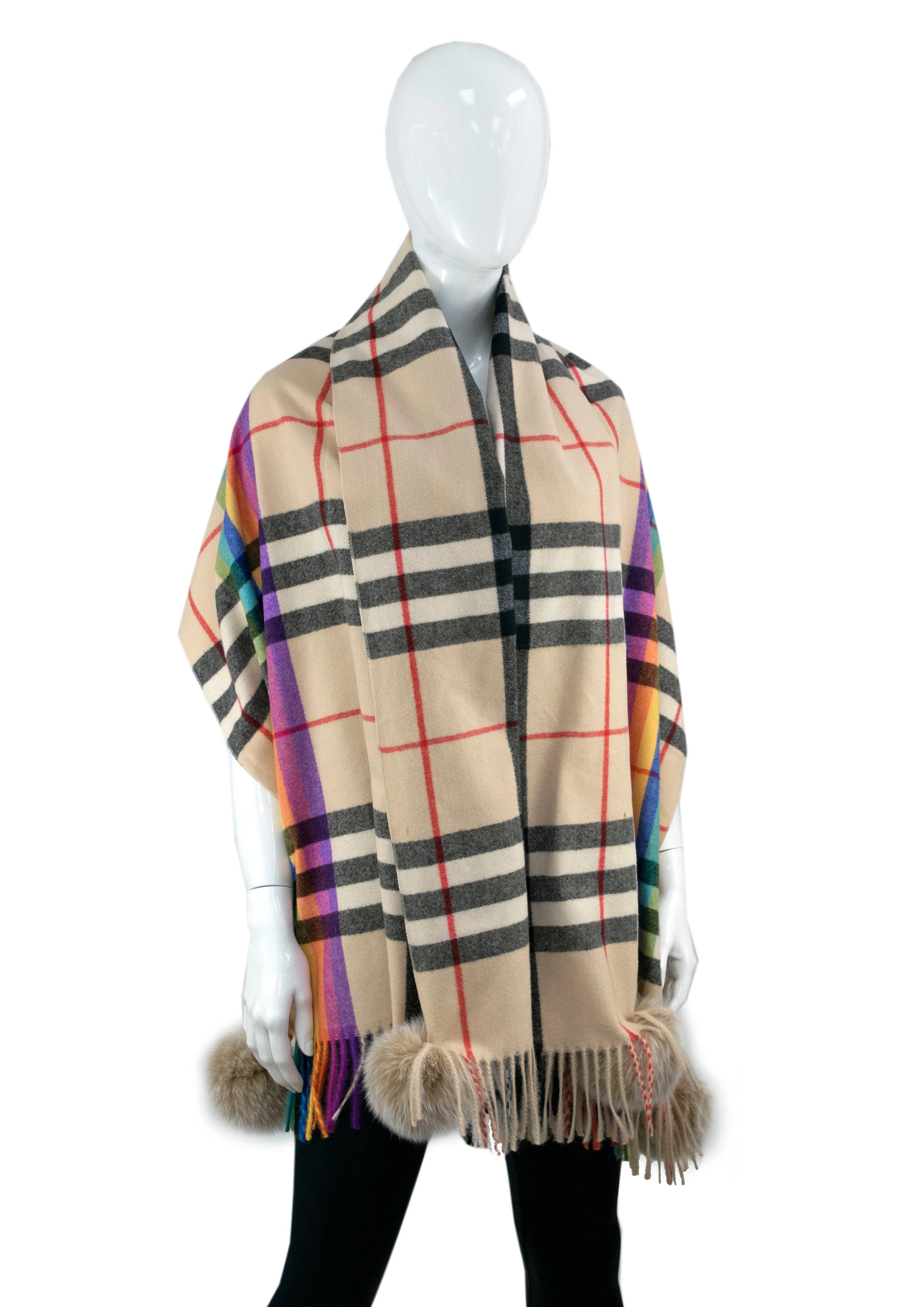 Mitchie's Matchings | Wide Woven Plaid Scarf with Fox Fur Poms