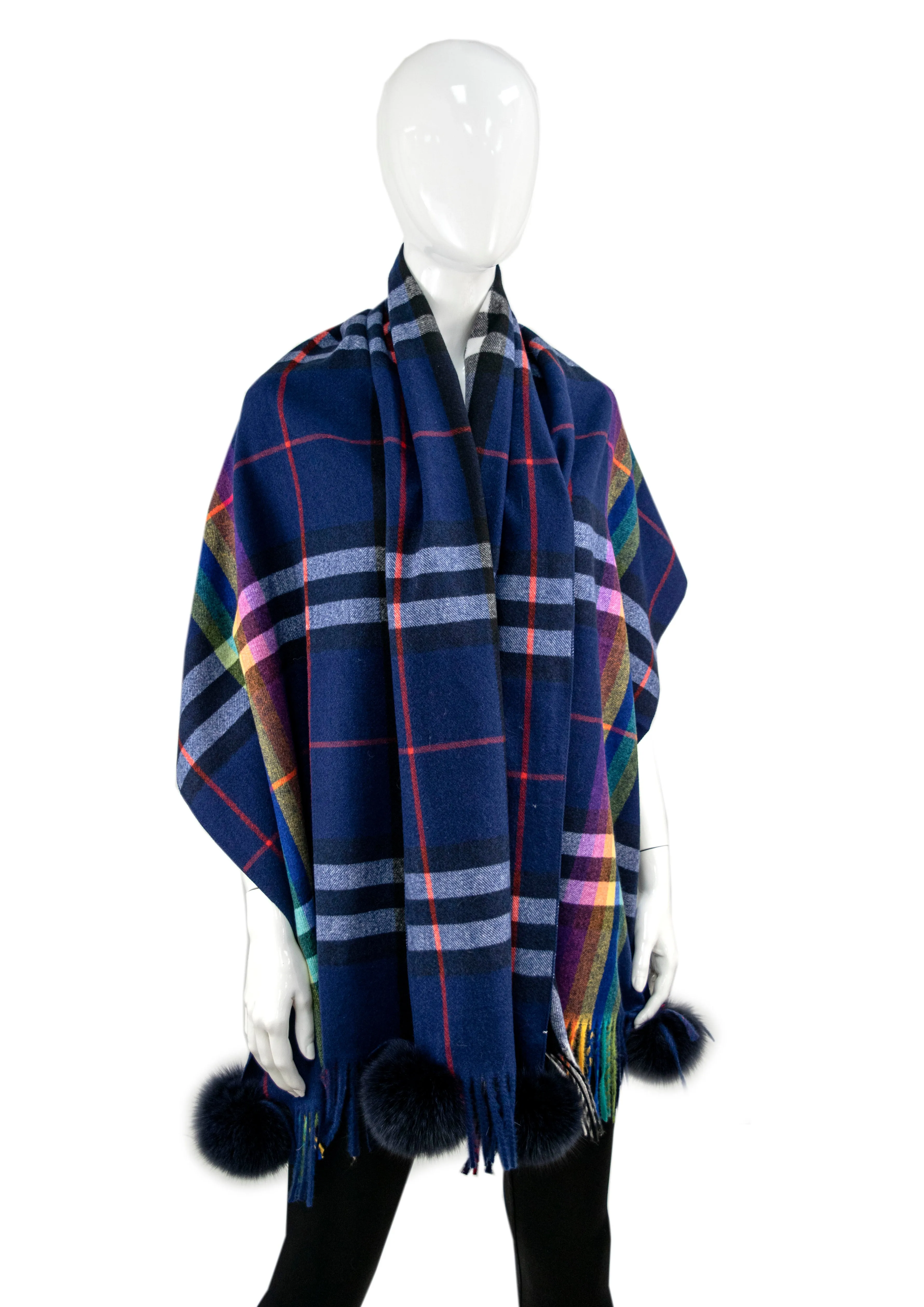 Mitchie's Matchings | Wide Woven Plaid Scarf with Fox Fur Poms