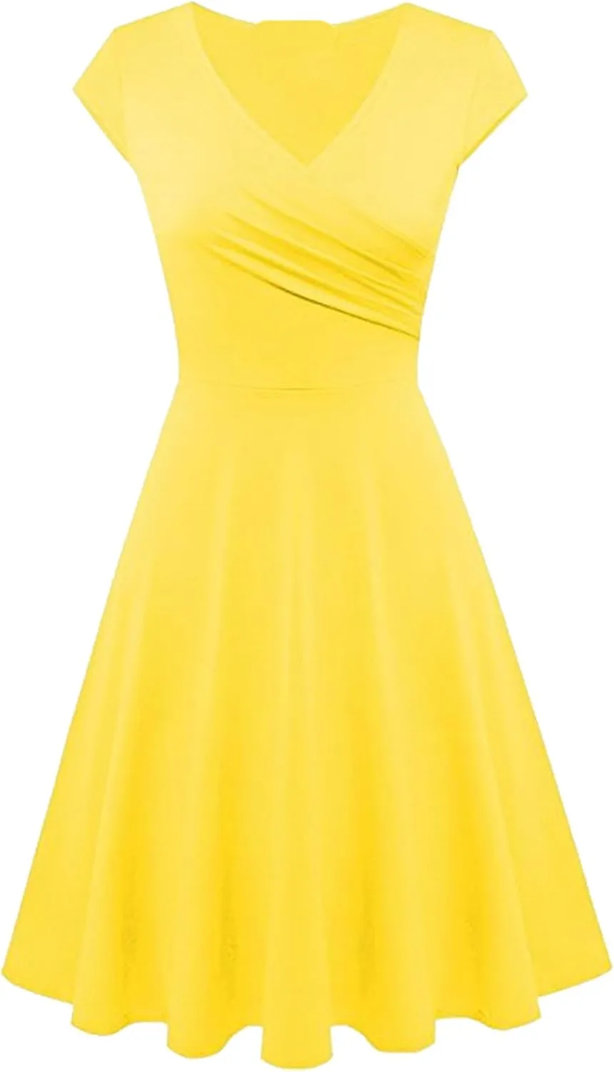 OMZIN Women's Elegant V-Neck Dress Short Sleeve Solid Color Runway Evening Dress