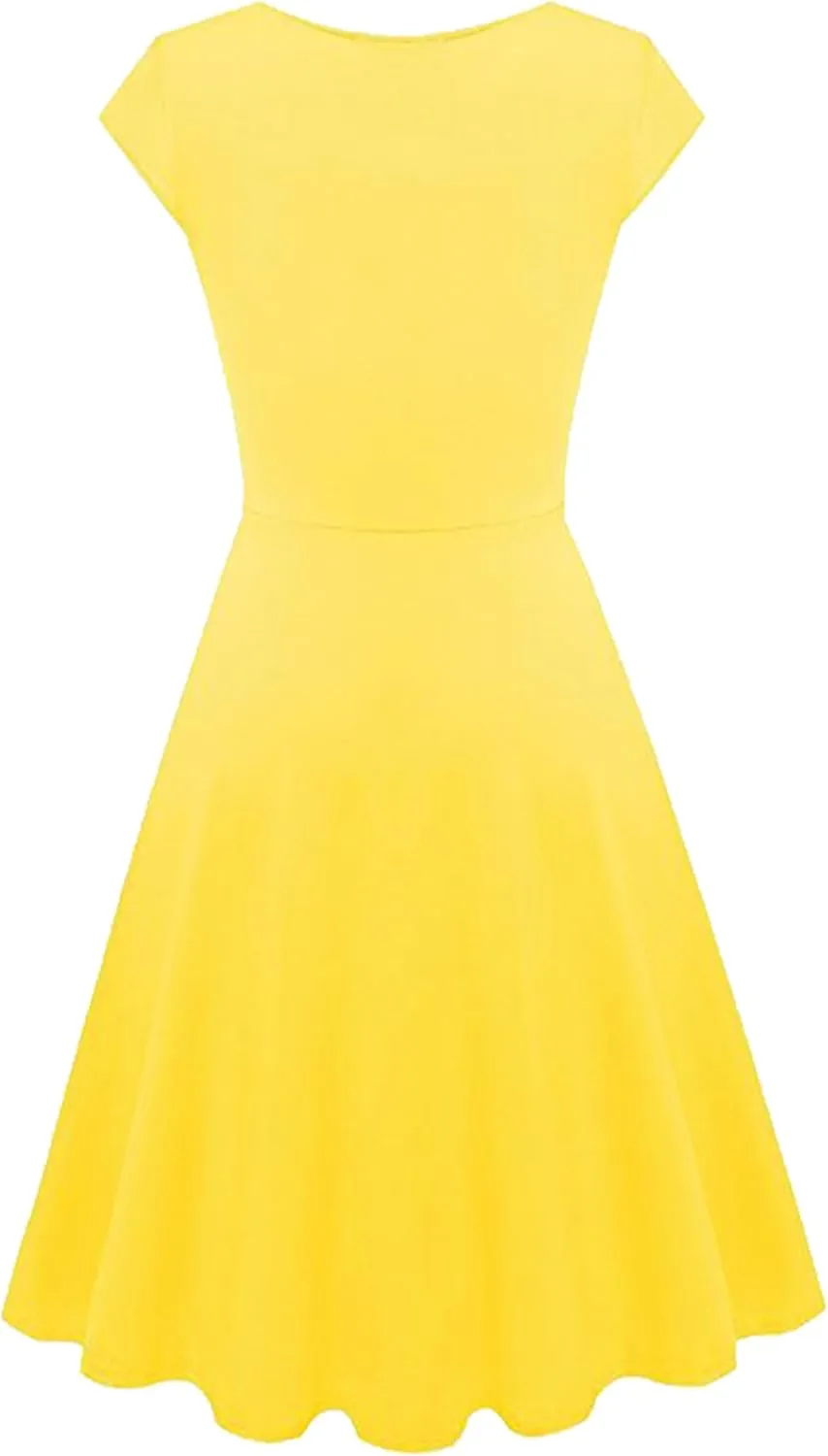 OMZIN Women's Elegant V-Neck Dress Short Sleeve Solid Color Runway Evening Dress