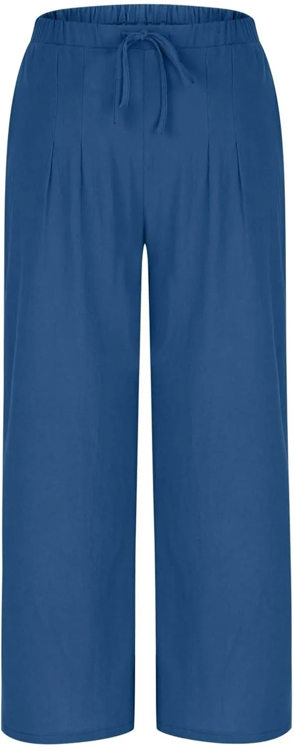 Palazzo Pants for Women High Waisted Straight Wide Leg Linen Trousers Drawstring Elastic Summer Outfits