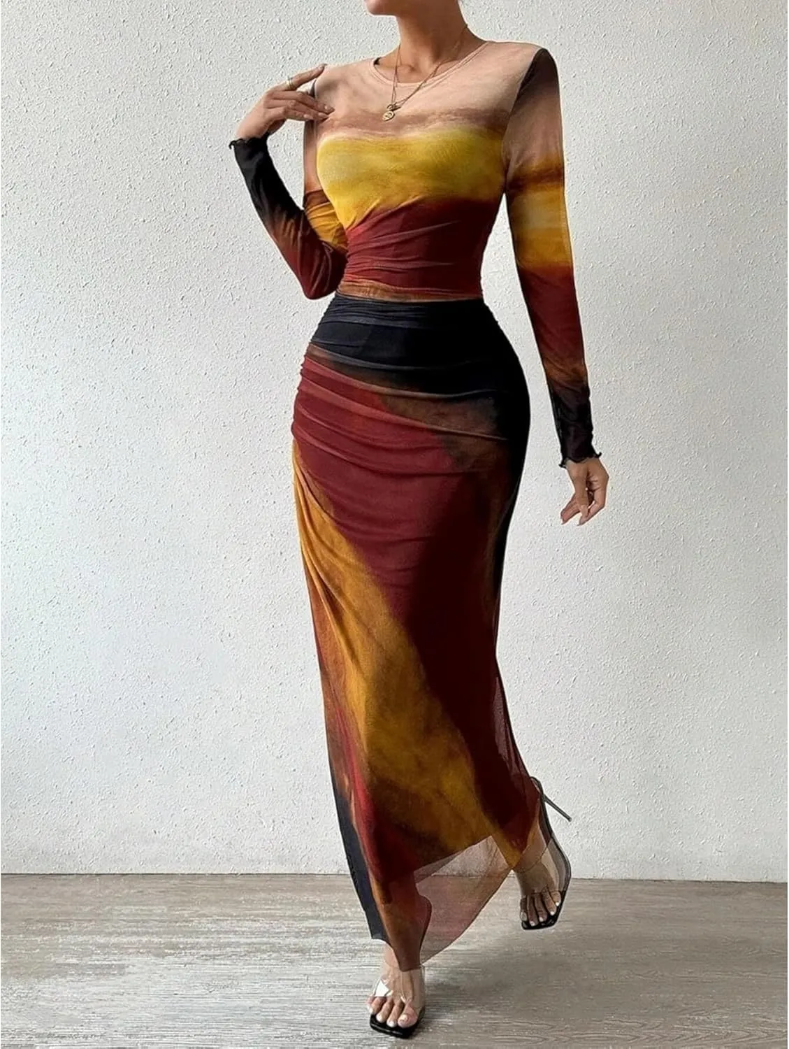 Ruched Dress Long Sleeve Dress Tie Dye Dress Maxi Dress Elegant Dress Slim Fit Dress Bodycon Dress Mesh Dress