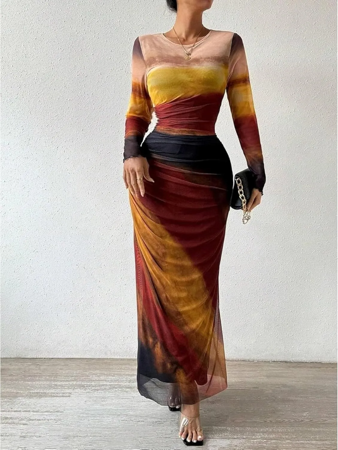 Ruched Dress Long Sleeve Dress Tie Dye Dress Maxi Dress Elegant Dress Slim Fit Dress Bodycon Dress Mesh Dress
