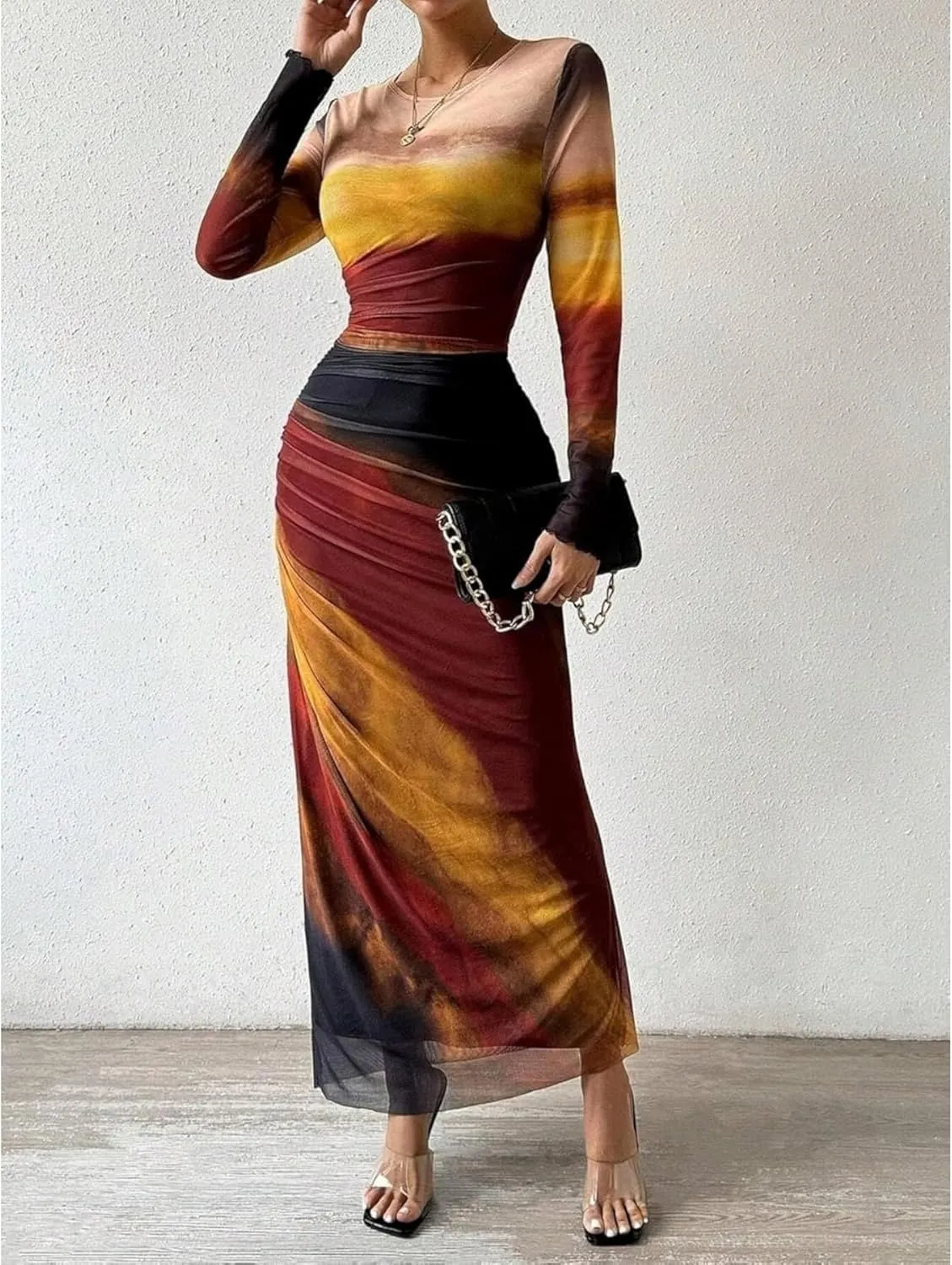 Ruched Dress Long Sleeve Dress Tie Dye Dress Maxi Dress Elegant Dress Slim Fit Dress Bodycon Dress Mesh Dress
