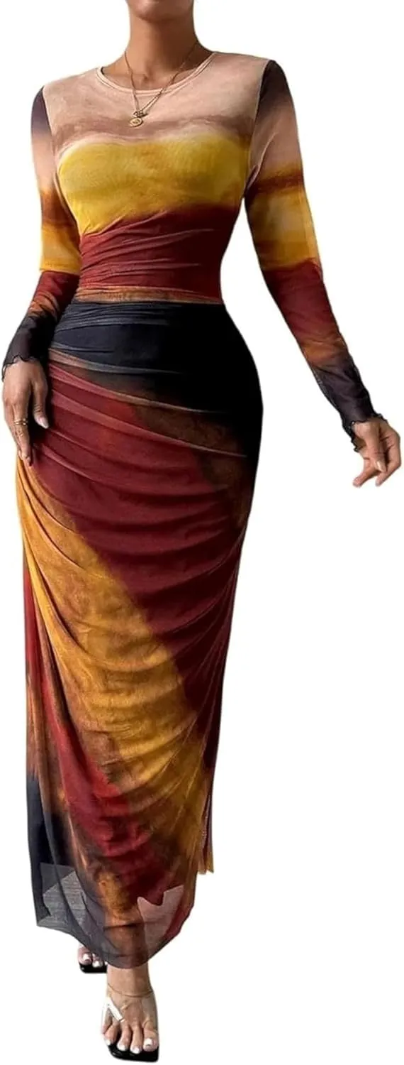Ruched Dress Long Sleeve Dress Tie Dye Dress Maxi Dress Elegant Dress Slim Fit Dress Bodycon Dress Mesh Dress