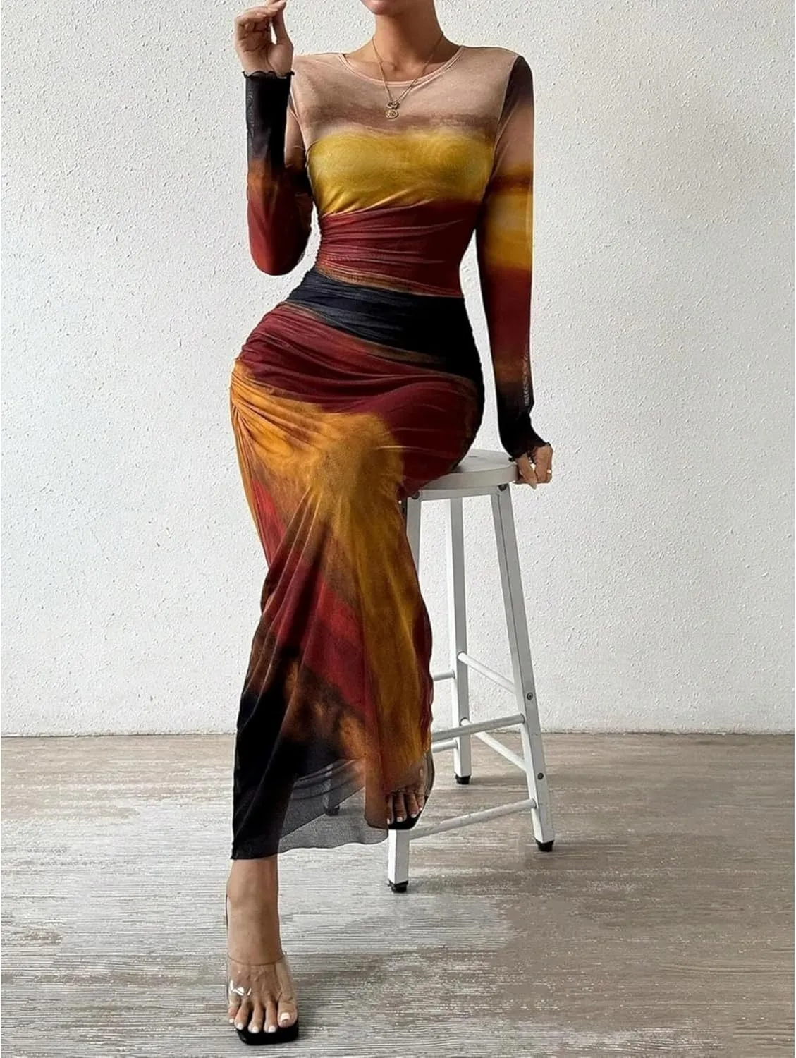 Ruched Dress Long Sleeve Dress Tie Dye Dress Maxi Dress Elegant Dress Slim Fit Dress Bodycon Dress Mesh Dress