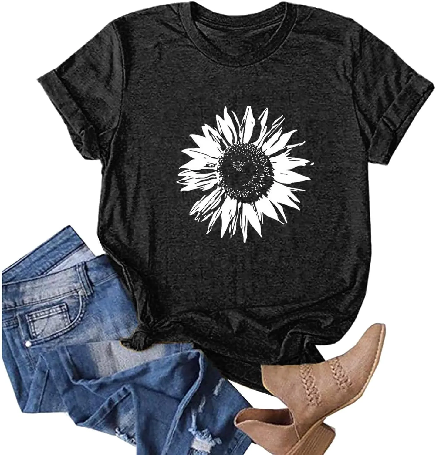 Short Sleeve Shirts for Women Cute Floral Pattern Crewneck Casual Tshirt Summer Thin Lightweight Breathable Tunic Top