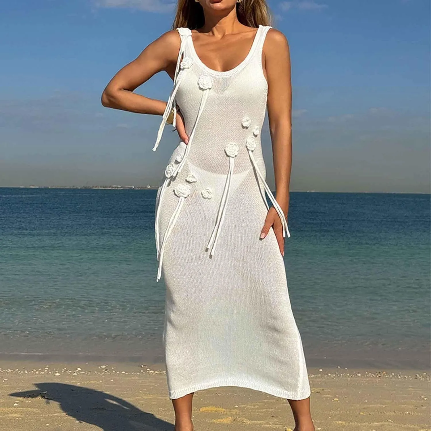 Sleeveless Knit Dress for Women Casual Midi Dress with Floral Appliqu Decorative Ties Elegant Summer Dress