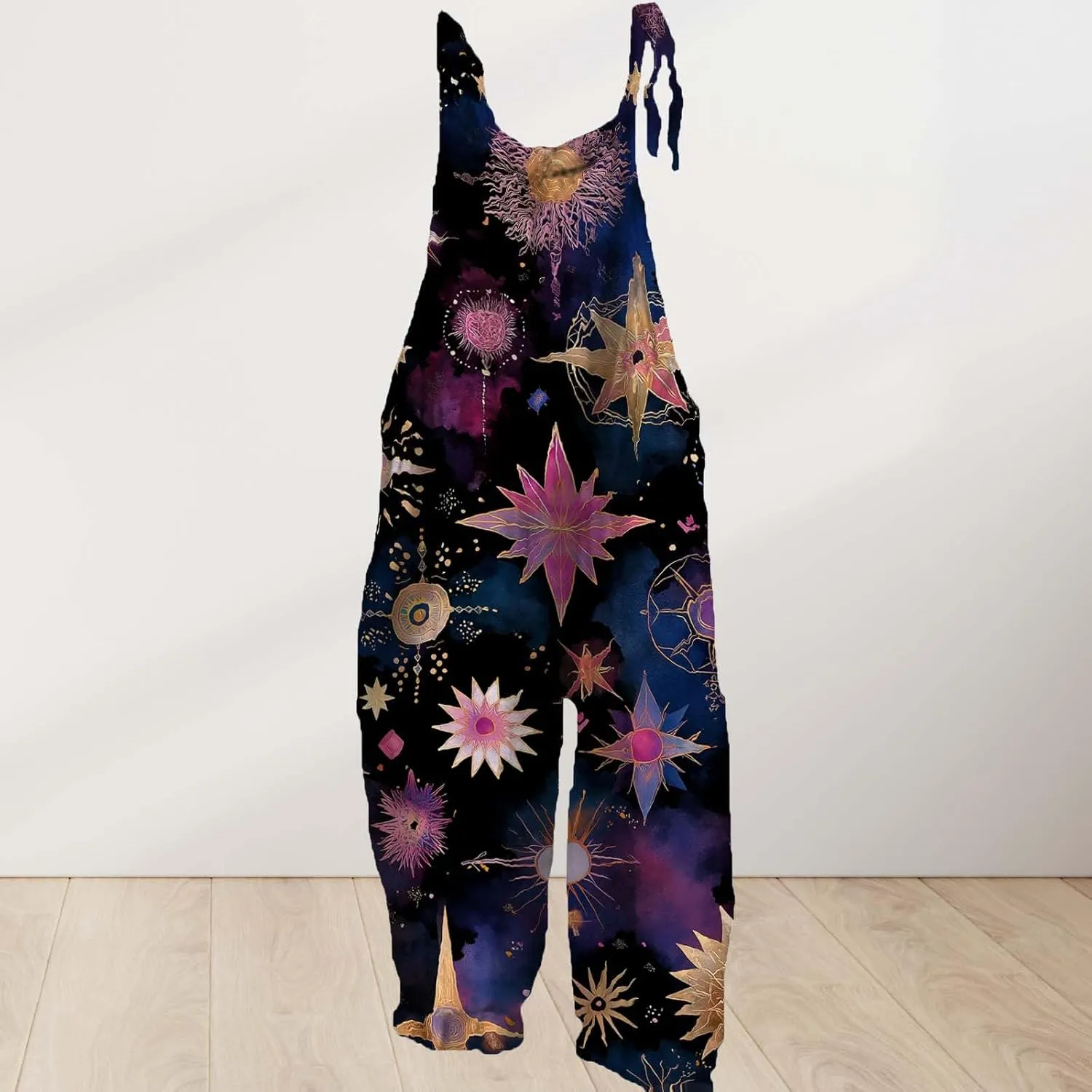 Star Printed Jumpsuits For Womens Summer Boho Cotton Linen Wide Leg Overall Halter Baggy Comfy Beach Jumpsuits