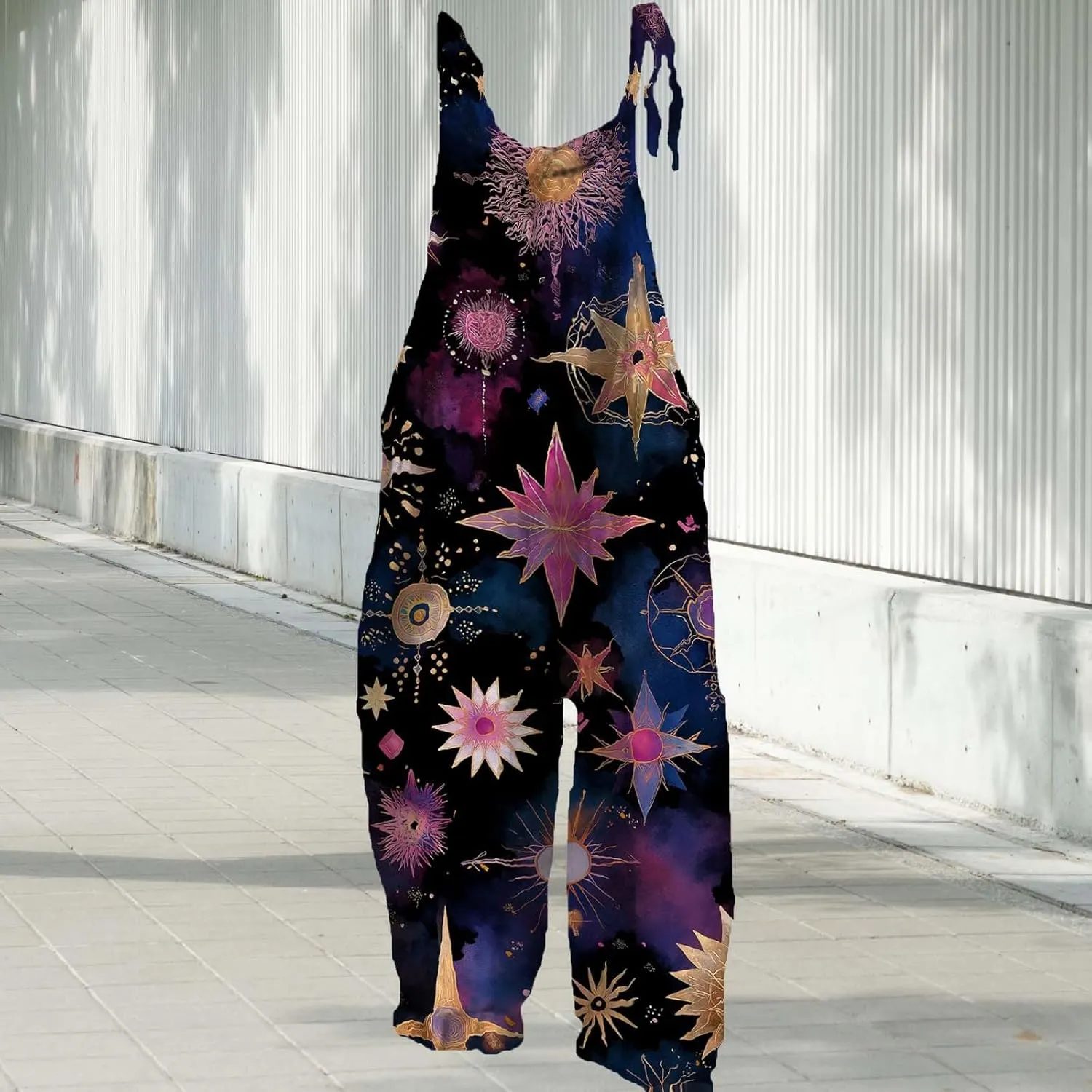 Star Printed Jumpsuits For Womens Summer Boho Cotton Linen Wide Leg Overall Halter Baggy Comfy Beach Jumpsuits