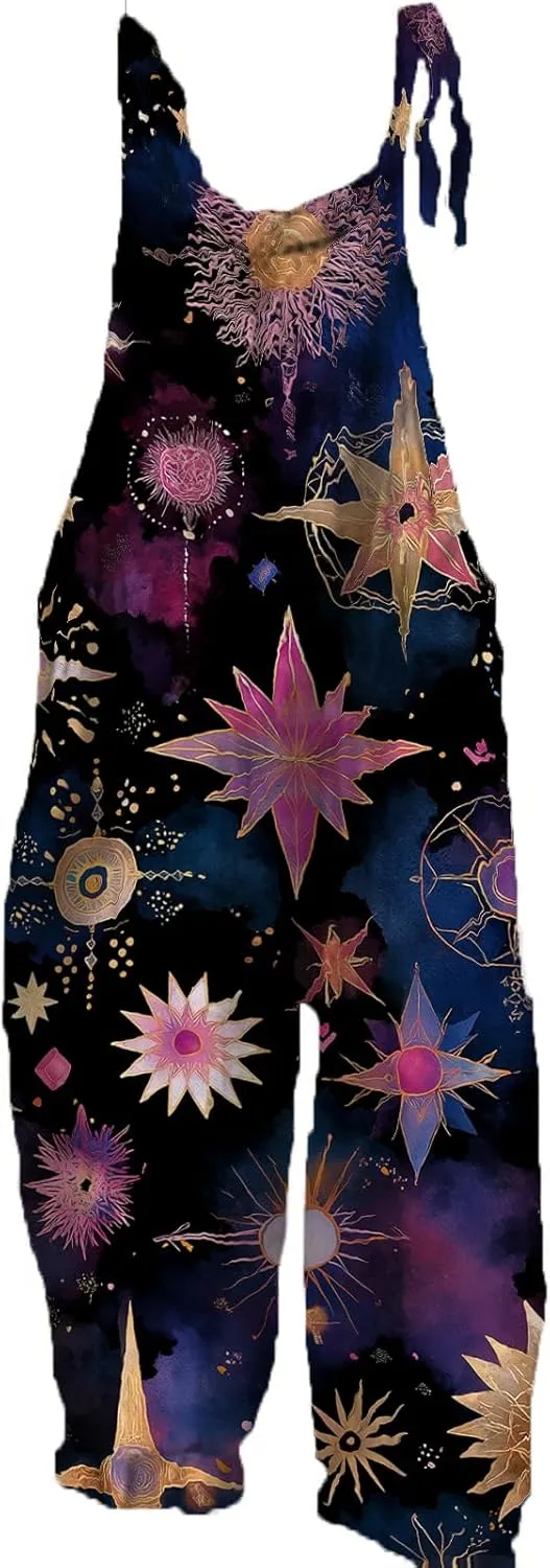 Star Printed Jumpsuits For Womens Summer Boho Cotton Linen Wide Leg Overall Halter Baggy Comfy Beach Jumpsuits
