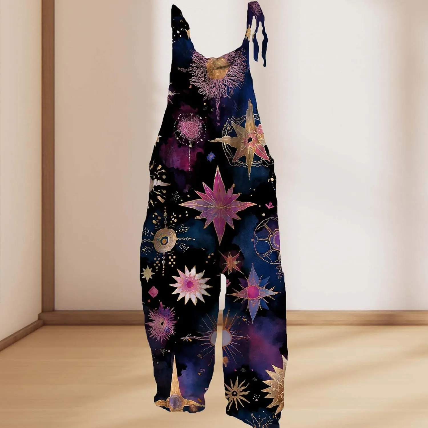 Star Printed Jumpsuits For Womens Summer Boho Cotton Linen Wide Leg Overall Halter Baggy Comfy Beach Jumpsuits