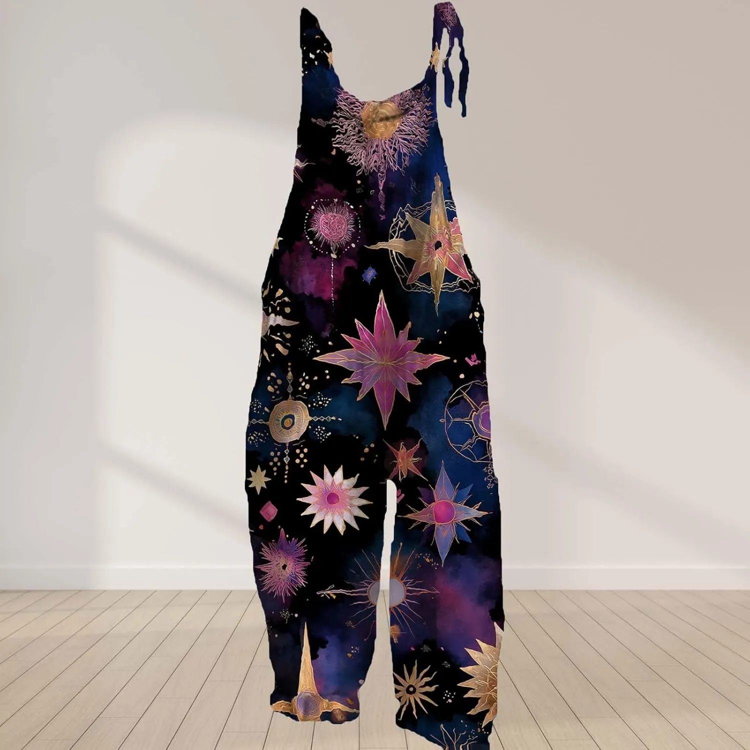 Star Printed Jumpsuits For Womens Summer Boho Cotton Linen Wide Leg Overall Halter Baggy Comfy Beach Jumpsuits